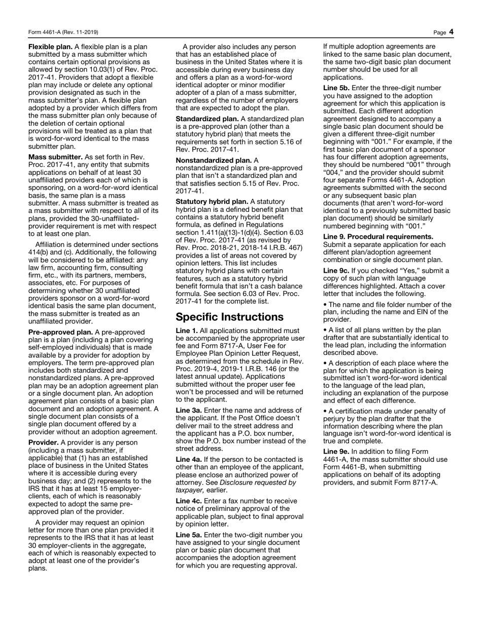 IRS Form 4461-A Application for Approval of Standardized or Nonstandardized Pre-approved Defined Benefit Plan, Page 4