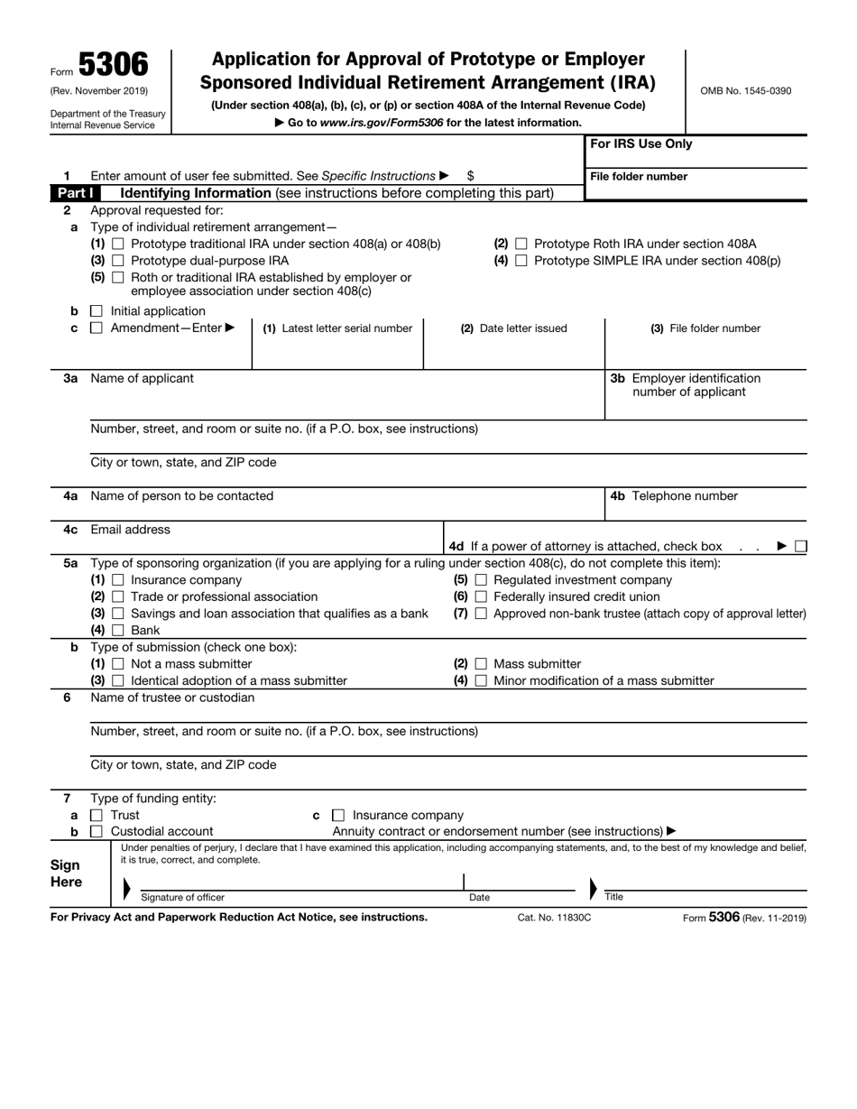 IRS Form 5306 Application for Approval of Prototype or Employer Sponsored Individual Retirement Arrangement (Ira), Page 1