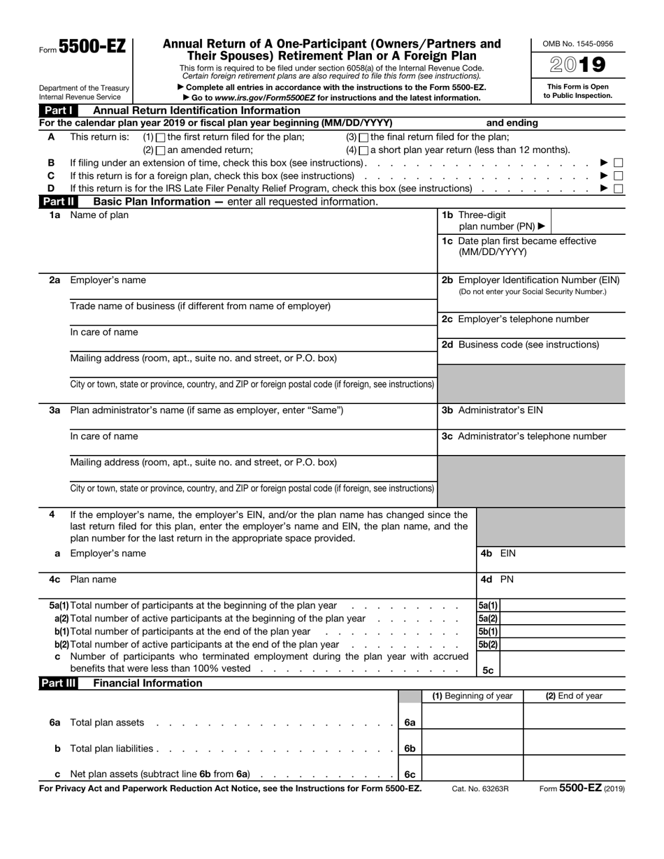 IRS Form 5500-EZ Annual Return of a One-Participant (Owners / Partners and Their Spouses) Retirement Plan or a Foreign Plan, Page 1