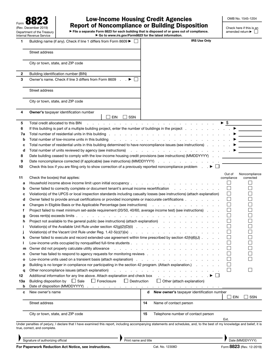 IRS Form 8823 Low-Income Housing Credit Agencies Report of Noncompliance or Building Disposition, Page 1