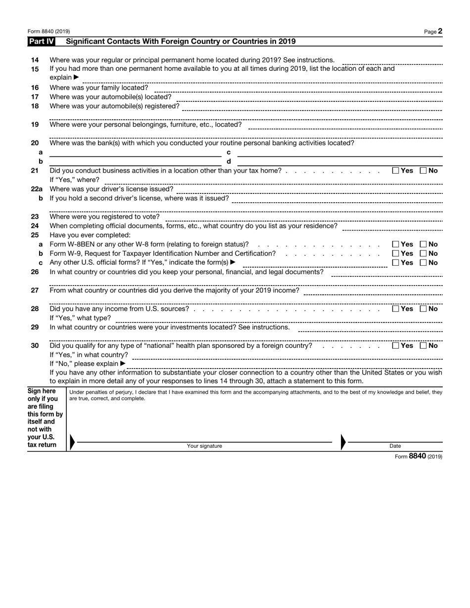 IRS Form 8840 - 2019 - Fill Out, Sign Online and Download Fillable PDF ...