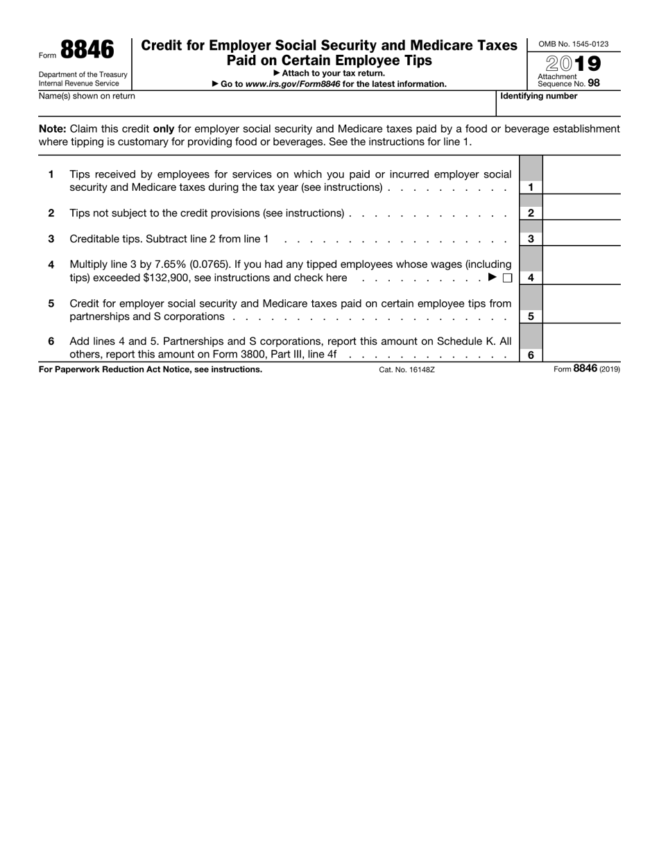 IRS Form 8846 Credit for Employer Social Security and Medicare Taxes Paid on Certain Employee Tips, Page 1