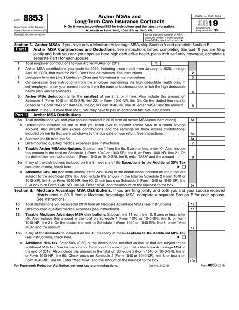 IRS Form 8853 2019 Printable Pdf