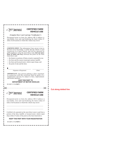 Form MV-260F Certificate of Farm Vehicle Use - New York