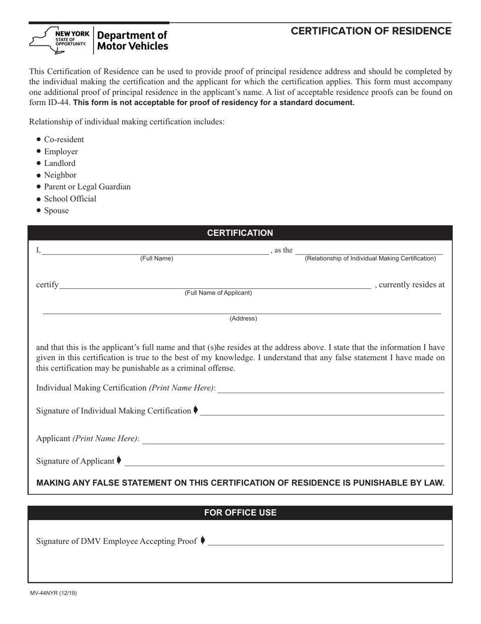 Form MV-44NYR Certification of Residence - New York, Page 1