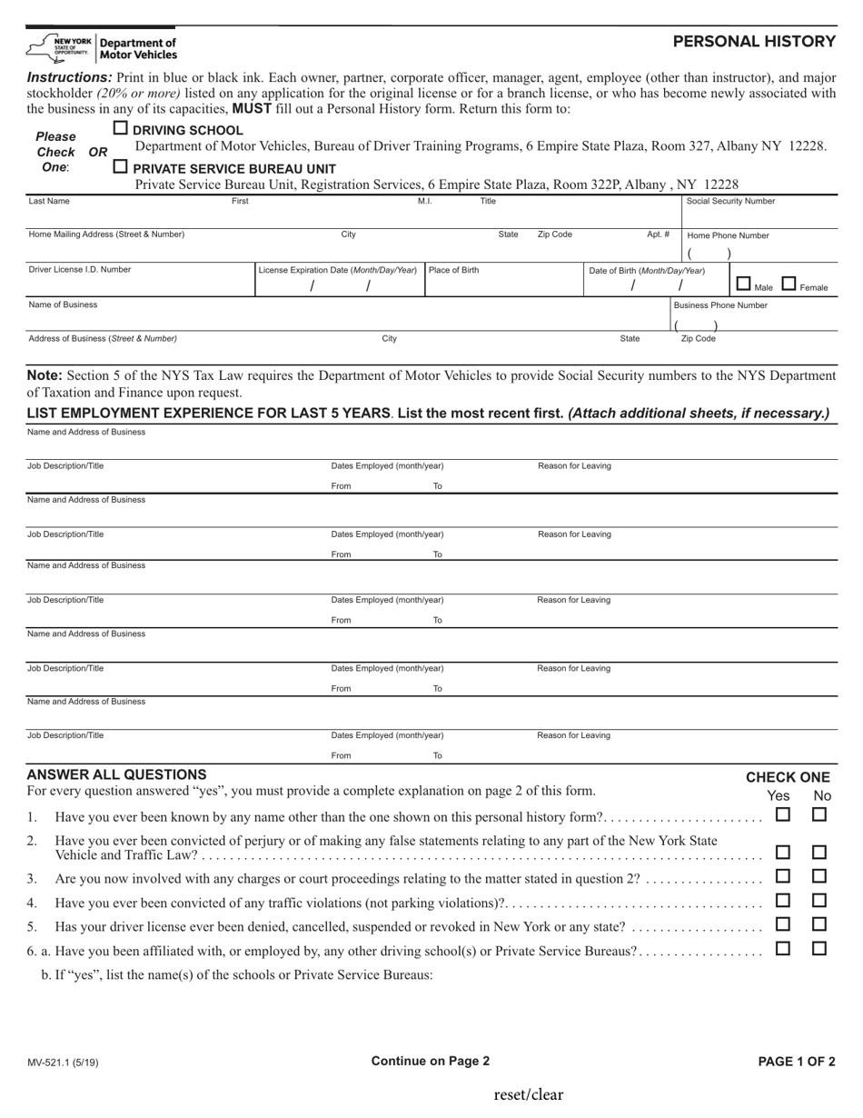 Form MV-521.1 Download Fillable PDF or Fill Online Personal History New ...