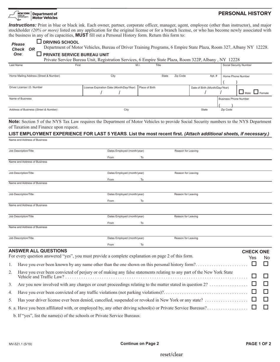 Form MV-521.1 Personal History - New York, Page 1