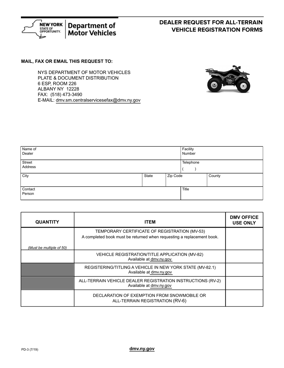 Form PD-3 Request for Dealer All-terrain Vehicle Registration Forms - New York, Page 1