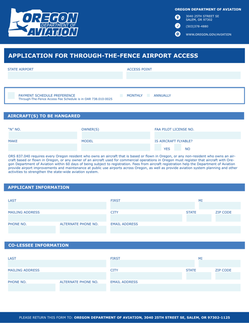 Application for Through-The-Fence Airport Access - Oregon