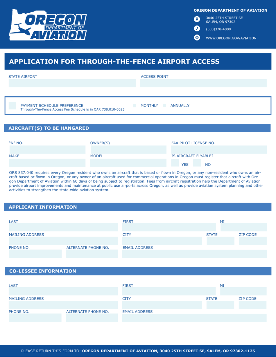 Application for Through-The-Fence Airport Access - Oregon, Page 1