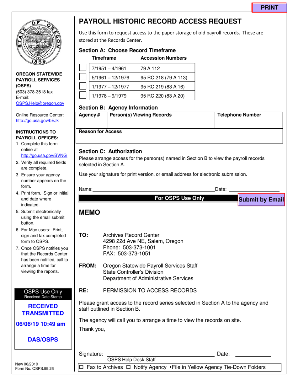 Form OSPS.99.26 Payroll Historic Record Access Request - Oregon, Page 1