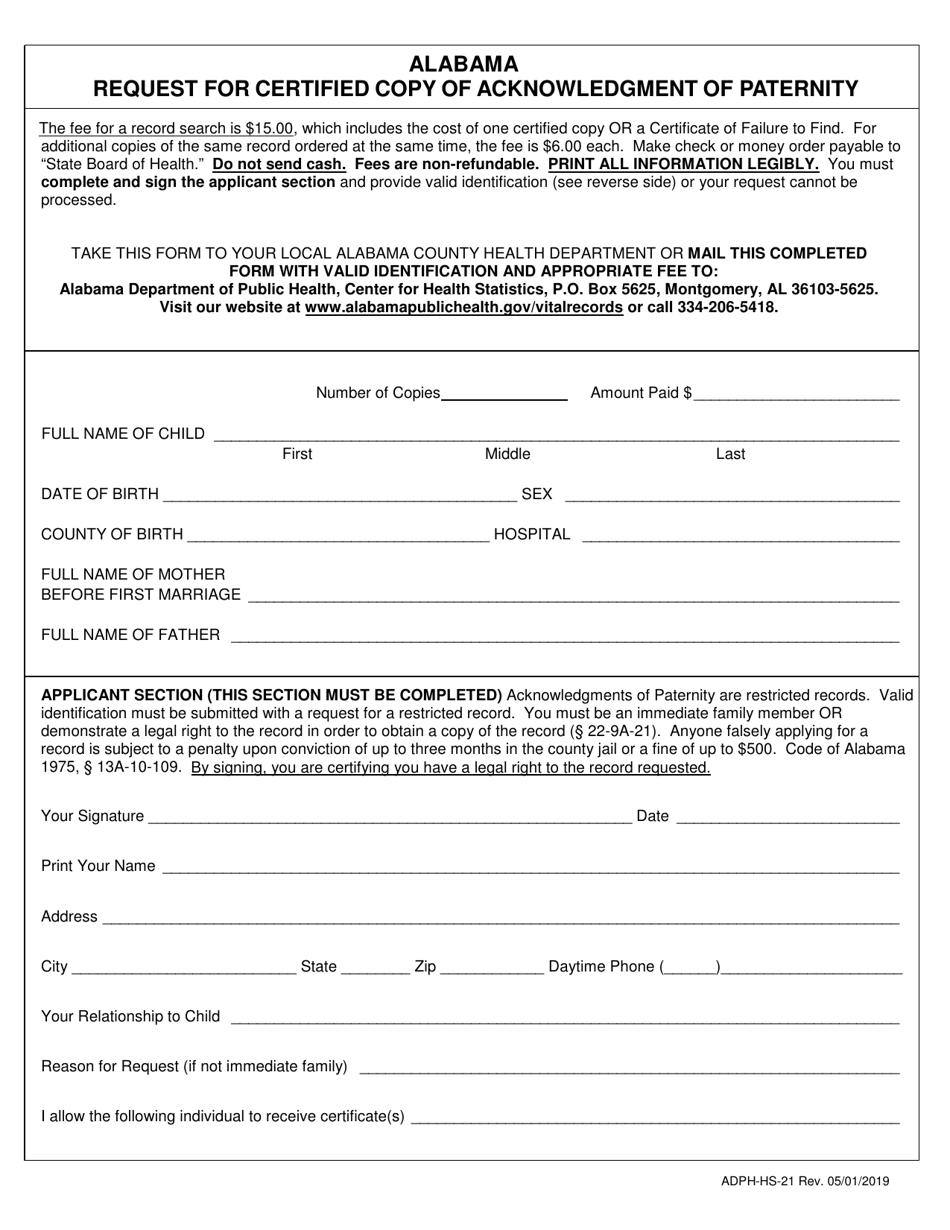 Form ADPH-HS-21 Request for Certified Copy of Acknowledgment of Paternity - Alabama, Page 1