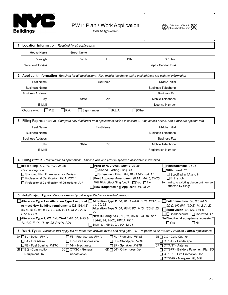 Form PW1 Plan / Work Application - New York City, Page 1