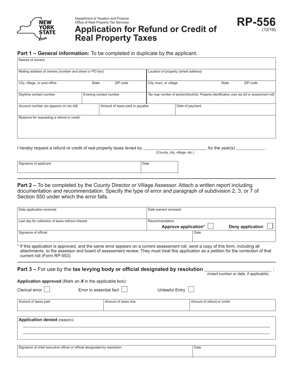 Form RP-556 Application for Refund or Credit of Real Property Taxes - New York, Page 1
