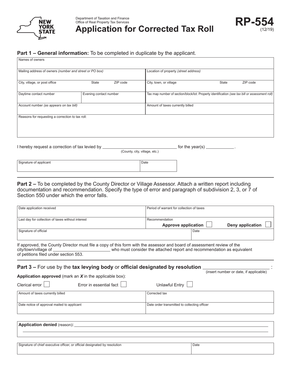 Form RP-554 Application for Corrected Tax Roll - New York, Page 1