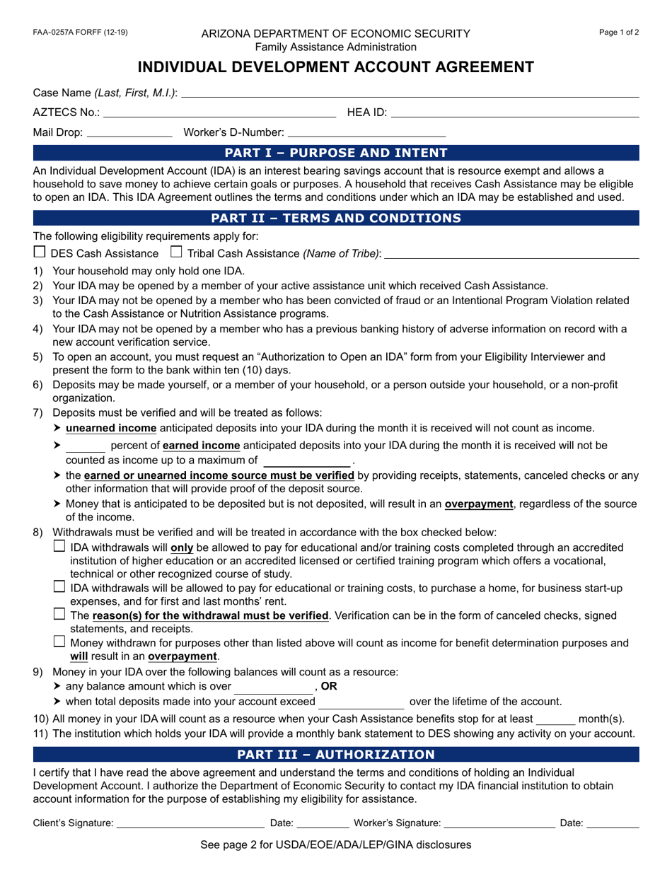 Form FAA-0257A Individual Development Account Agreement - Arizona, Page 1