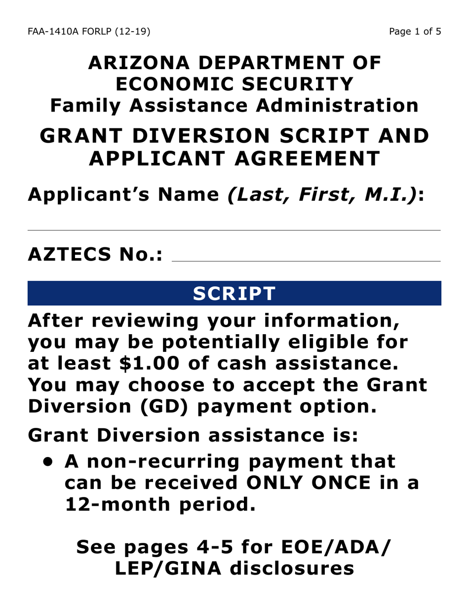 Form FAA-1410A-LP Grant Diversion Script and Applicant Agreement (Large Print) - Arizona, Page 1