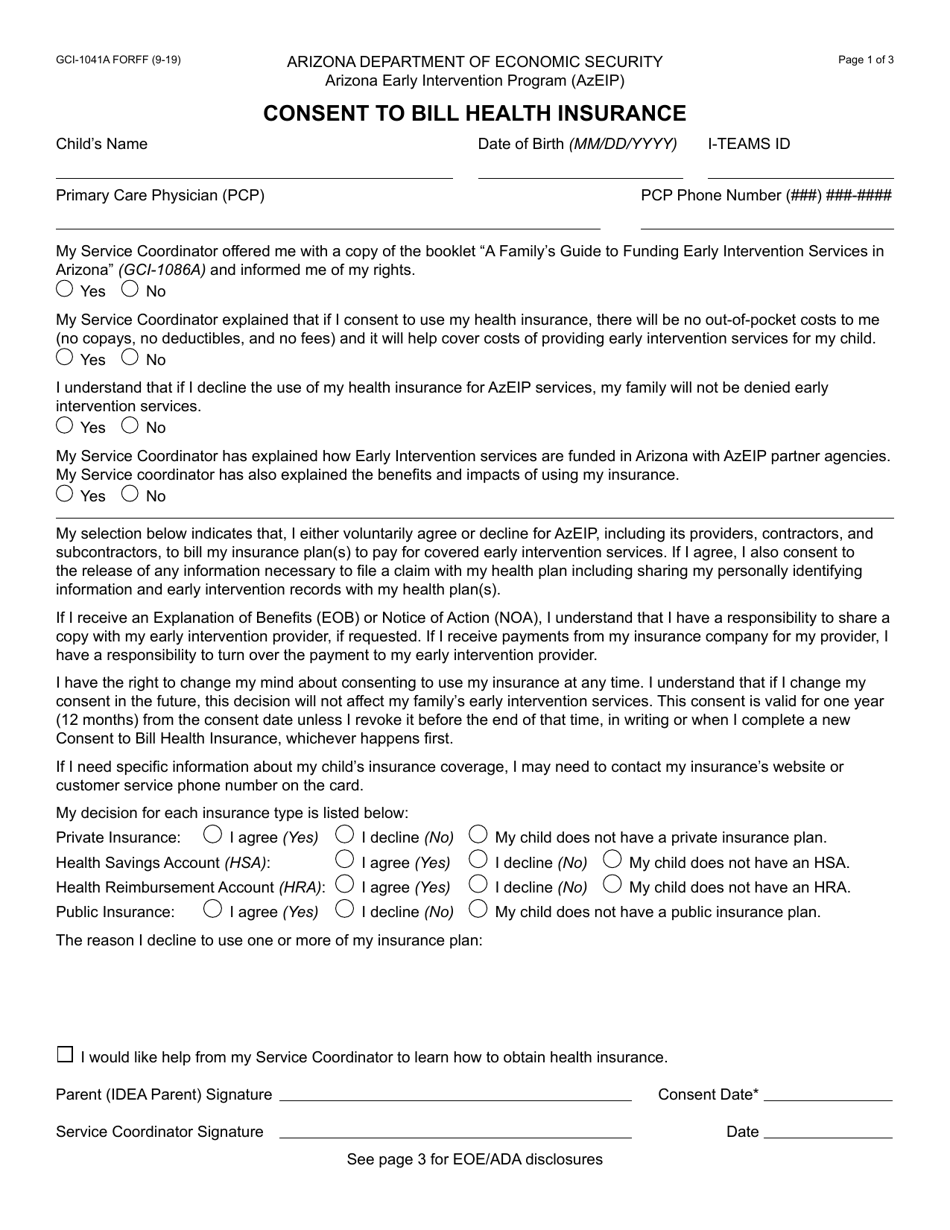 Form GCI-1041A Consent to Bill Health Insurance - Arizona, Page 1