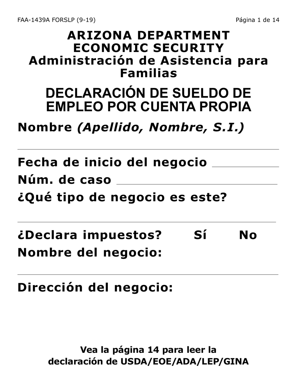 Formulario FAA-1439A-LPS Declaracion Del Sueldo De Empleo Por Cuenta Propia (Letra Grande) - Arizona (Spanish), Page 1