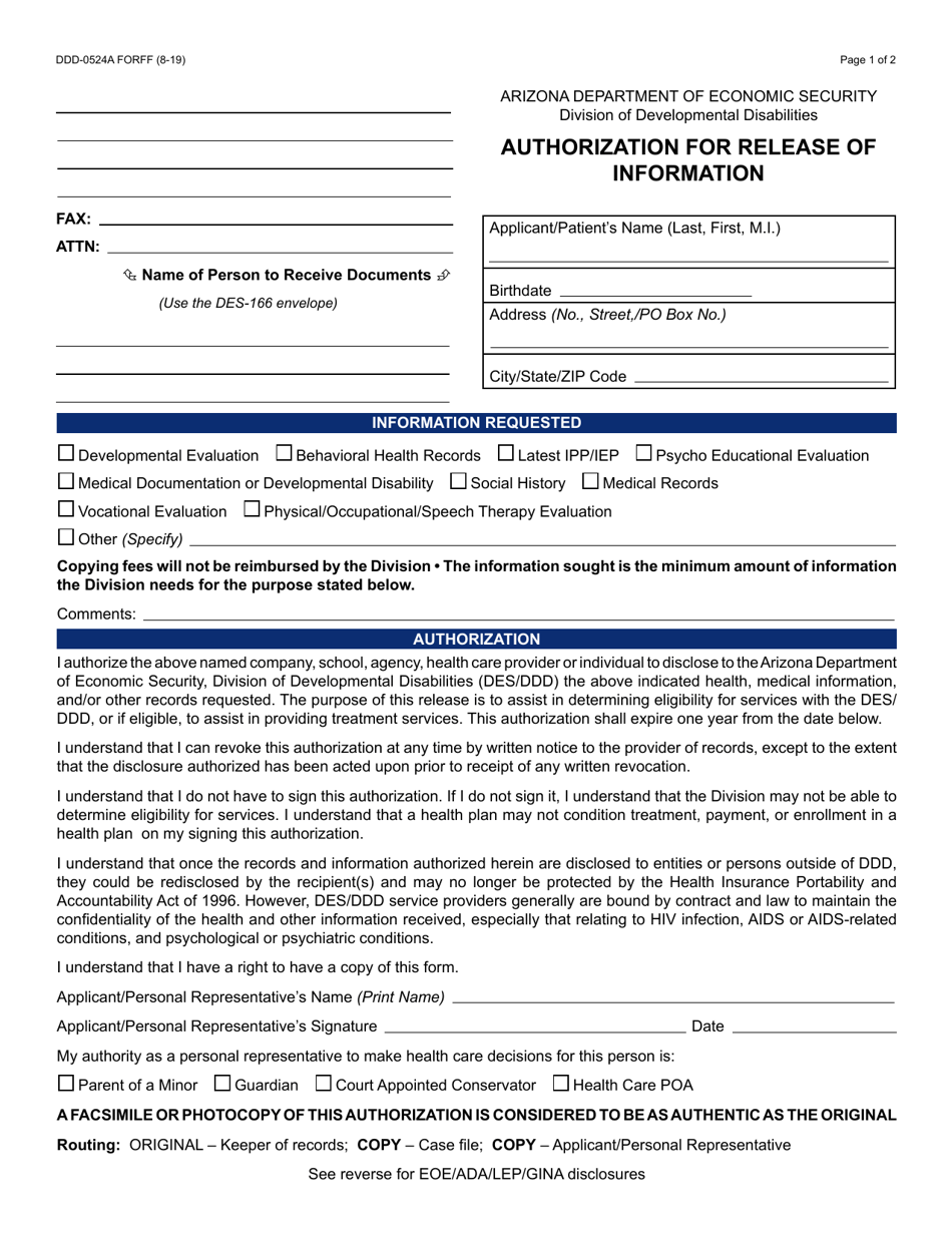 Form DDD-0524A Authorization for Release of Information - Arizona, Page 1
