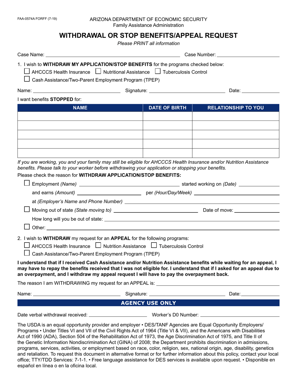 Form FAA-0574A Withdrawal or Stop Benefits / Appeal Request - Arizona, Page 1