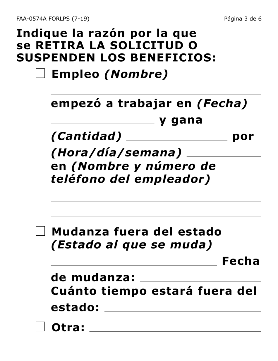 Formulario FAA-0574A-LPS Retirar O Suspender Beneficios / Solicitud De Apelacion (Letra Grande) - Arizona (Spanish), Page 3