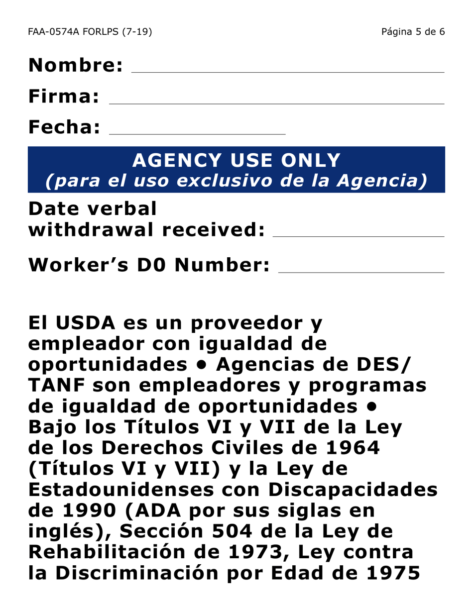 Formulario FAA-0574A-LPS Retirar O Suspender Beneficios / Solicitud De Apelacion (Letra Grande) - Arizona (Spanish), Page 5