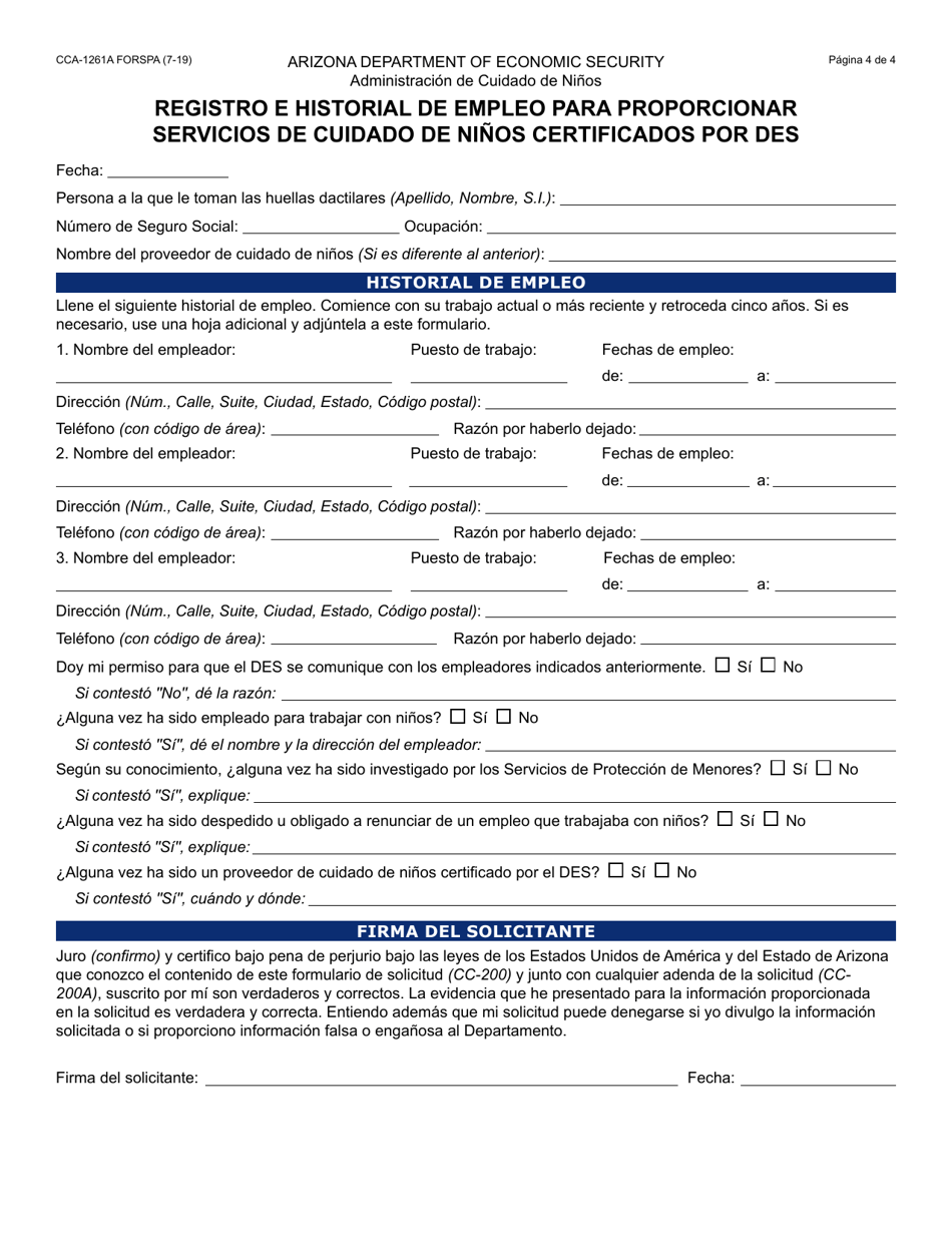 Formulario CCA-1261A-S Solicitud De Proveedor Certificado De Cuidado De Ninos Familiar - Arizona (Spanish), Page 4