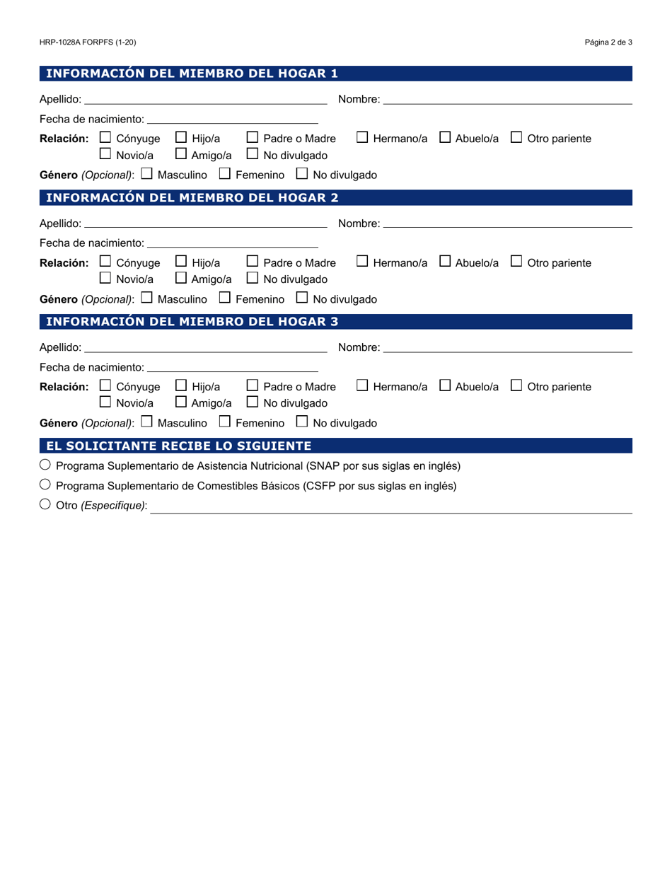 Formulario HRP-1028A-S Solicitud Para Beneficios (Tefap, Csfp) - Arizona (Spanish), Page 2