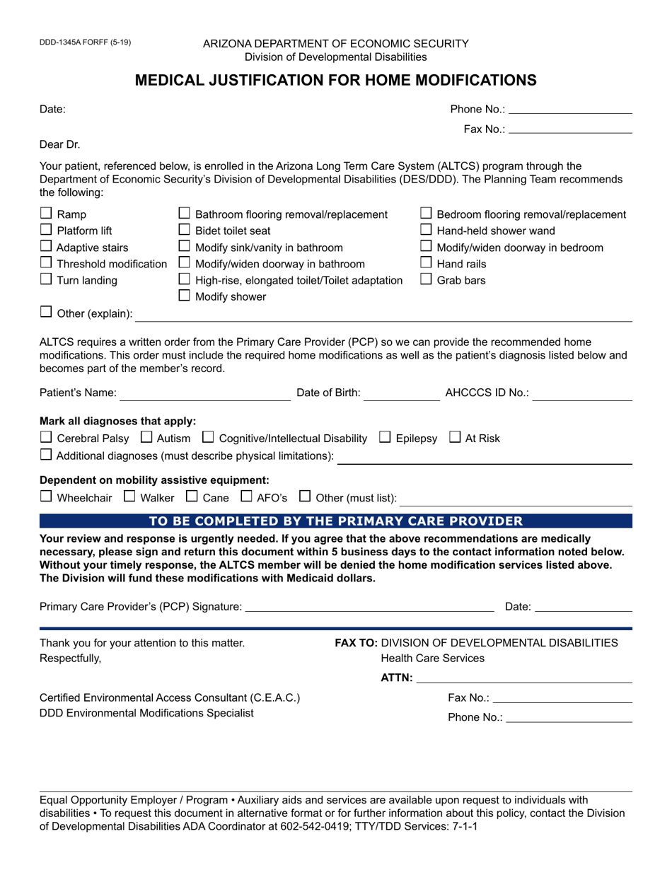 Form DDD-1345A Medical Justification for Home Modifications - Arizona, Page 1