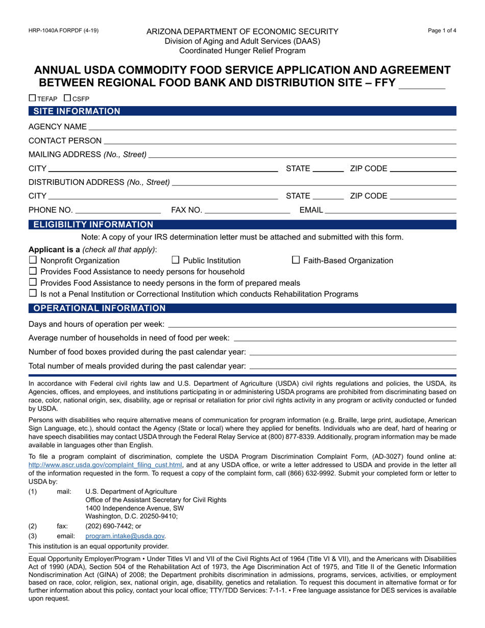Form HRP-1040A Annual Usda Commodity Food Service Application and Agreement Between Regional Food Bank and Distribution Site - Arizona, Page 1