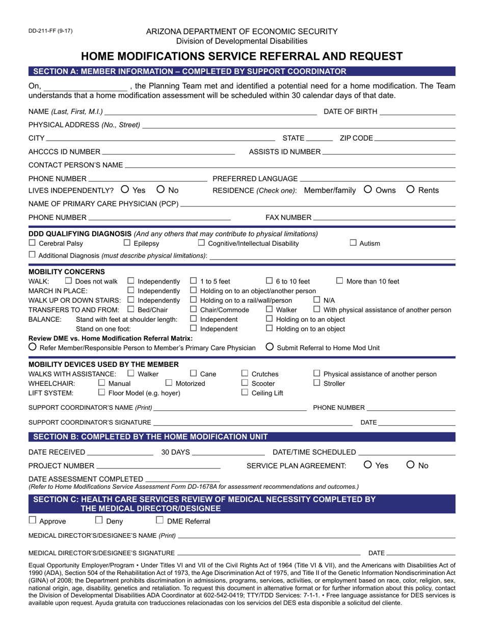 Form DD-211 Home Modifications Service Referral and Request - Arizona, Page 1