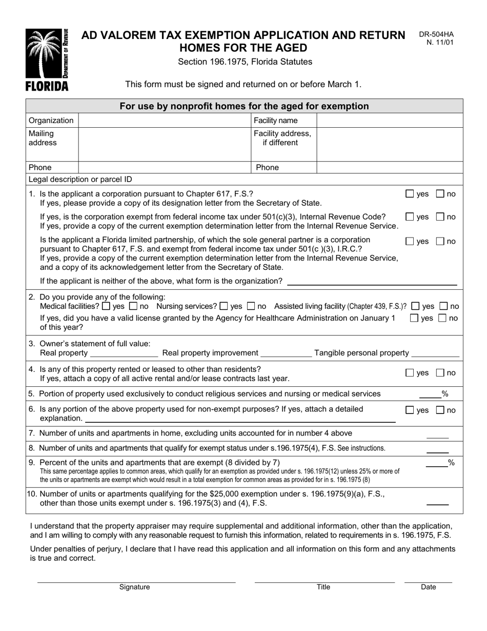 Form DR-504HA Ad Valorem Tax Exemption Application and Return Homes for the Aged - Florida, Page 1