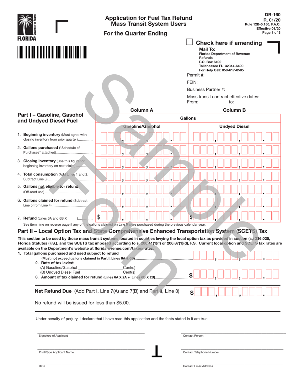 Form DR-160 Application for Fuel Tax Refund Mass Transit System Users - Sample - Florida, Page 1