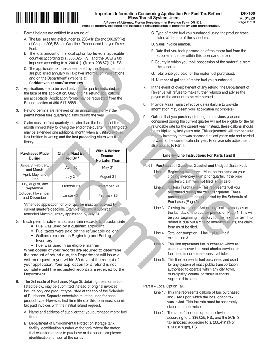 Form DR-160 Application for Fuel Tax Refund Mass Transit System Users - Sample - Florida, Page 2