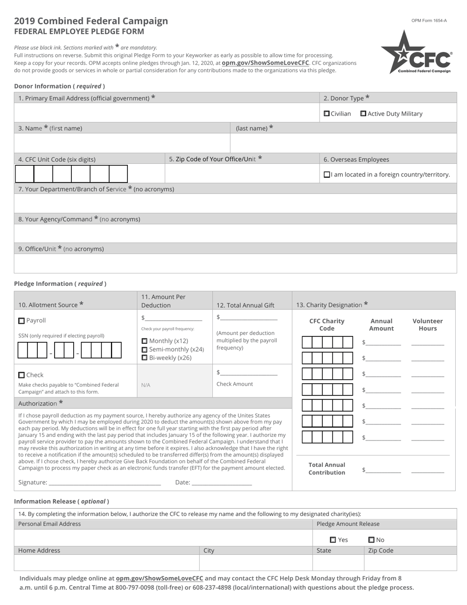 OPM Form 1654-A Combined Federal Campaign Federal Employee Pledge Form, Page 1