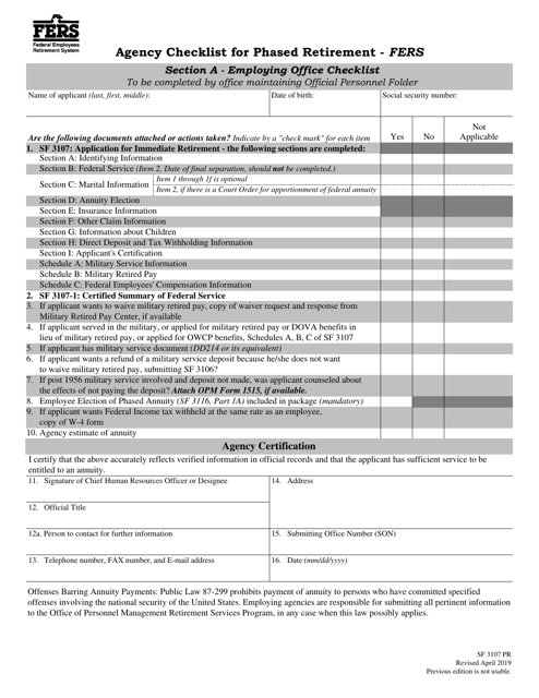 Form SF3107 PR Agency Checklist for Phased Retirement - Fers