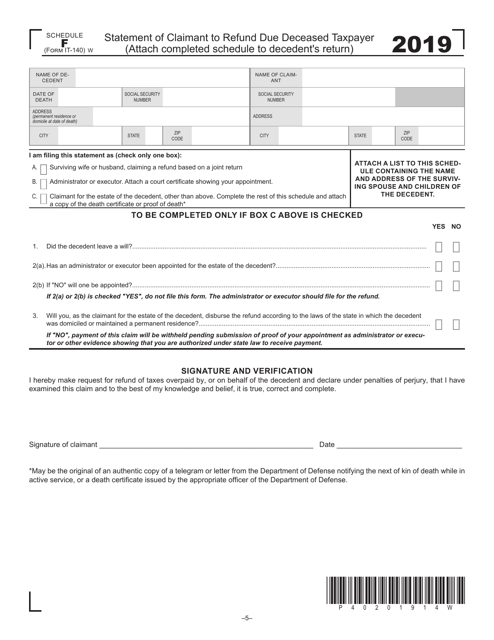 Form IT-140 Schedule F Statement of Claimant to Refund Due Deceased Taxpayer - West Virginia, 2019