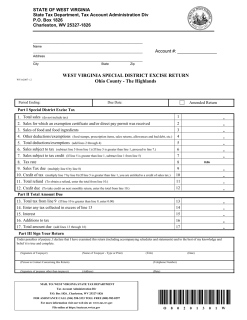 Form WV/RTL007 West Virginia Special District Excise Return - Ohio County - The Highlands, West Virginia