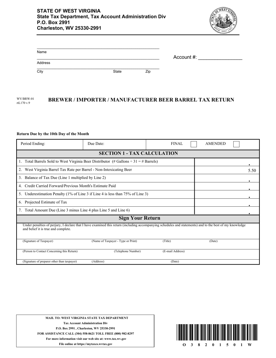 Form WV / BRW-01 Brewer / Importer / Manufacturer Beer Barrel Tax Return - West Virginia, Page 1