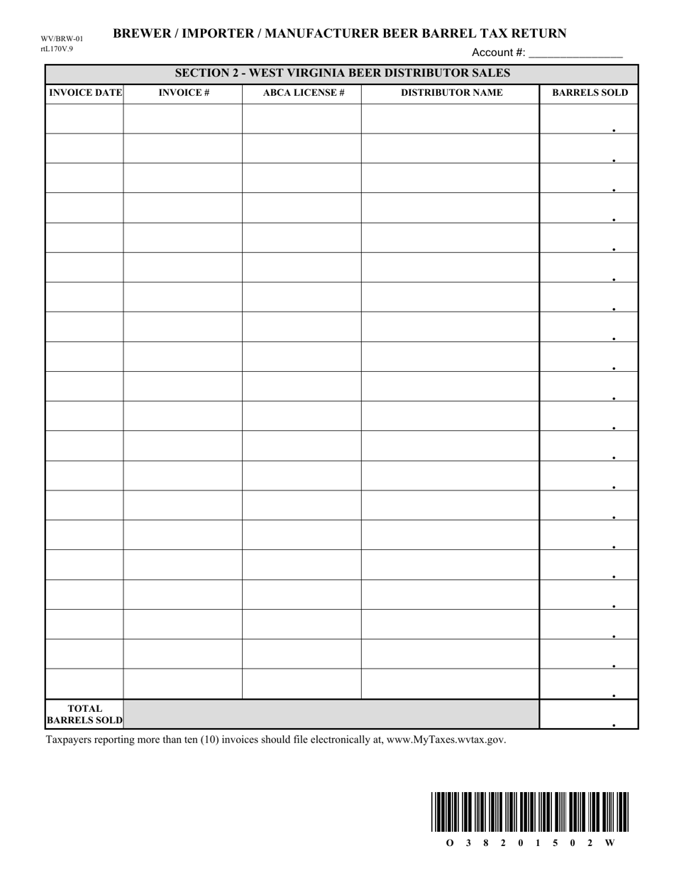 Form WV / BRW-01 Brewer / Importer / Manufacturer Beer Barrel Tax Return - West Virginia, Page 2