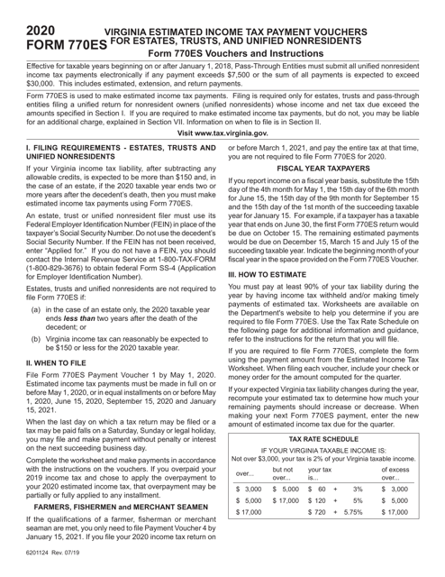 Form 770ES 2020 Printable Pdf