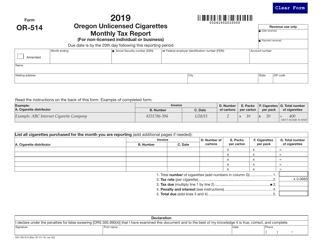 Form OR-514 (150-105-013) Oregon Unlicensed Cigarettes Monthly Tax Report - Oregon