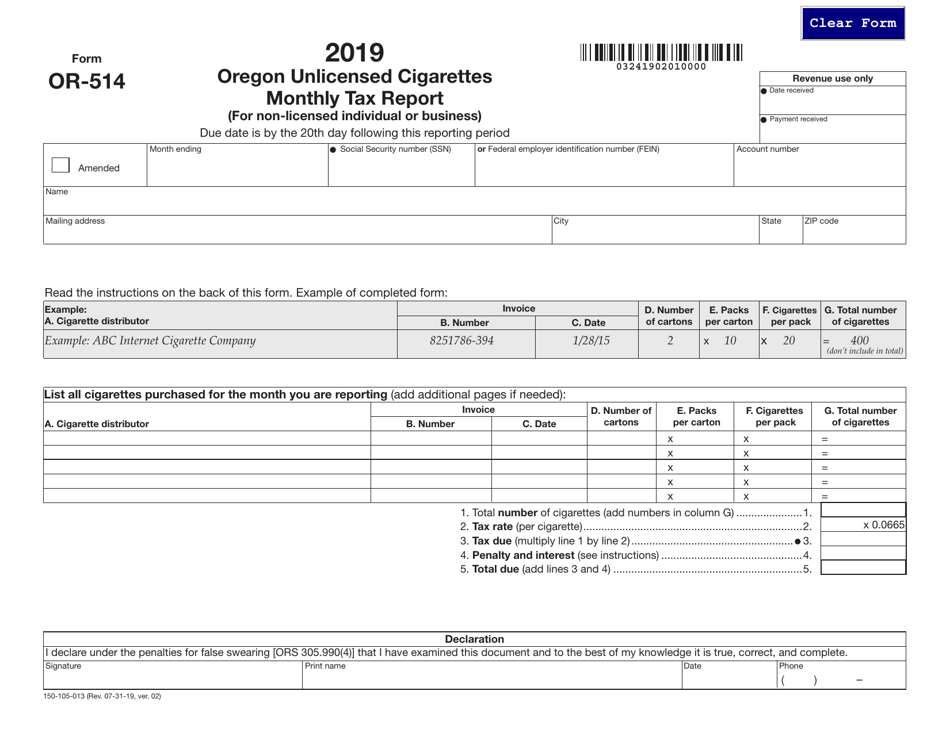 Form OR-514 (150-105-013) Oregon Unlicensed Cigarettes Monthly Tax Report - Oregon, Page 1