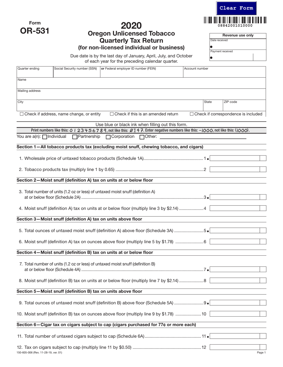 Form OR-531 (150-605-006) Oregon Unlicensed Tobacco Quarterly Tax Return (For Non-licensed Individual or Business) - Oregon, Page 1