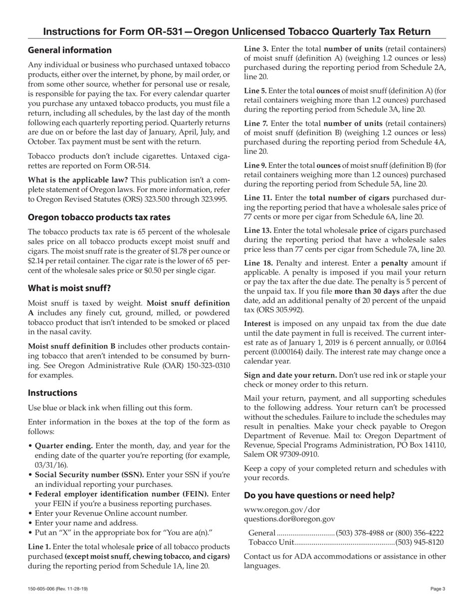 Form OR-531 (150-605-006) Oregon Unlicensed Tobacco Quarterly Tax Return (For Non-licensed Individual or Business) - Oregon, Page 3