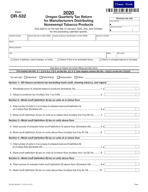 Form OR-532 (150-605-005) 2020 Printable Pdf