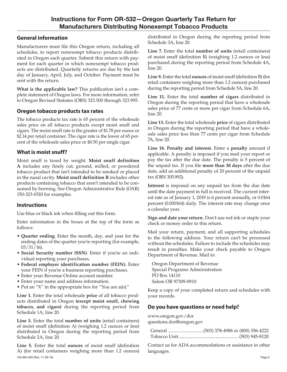 Form OR-532 (150-605-005) Oregon Quarterly Tax Return for Manufacturers Distributing Nonexempt Tobacco Products - Oregon, Page 3