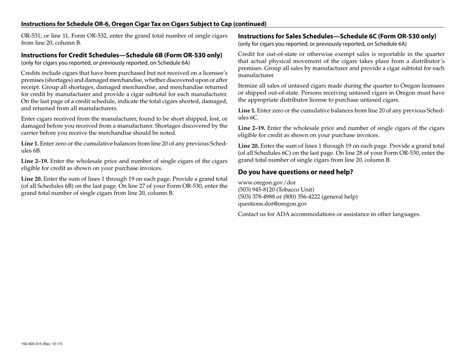 Form 150-605-015 Schedule OR-6 Cigar Tax on Cigars Subject to Cap - Oregon, Page 3