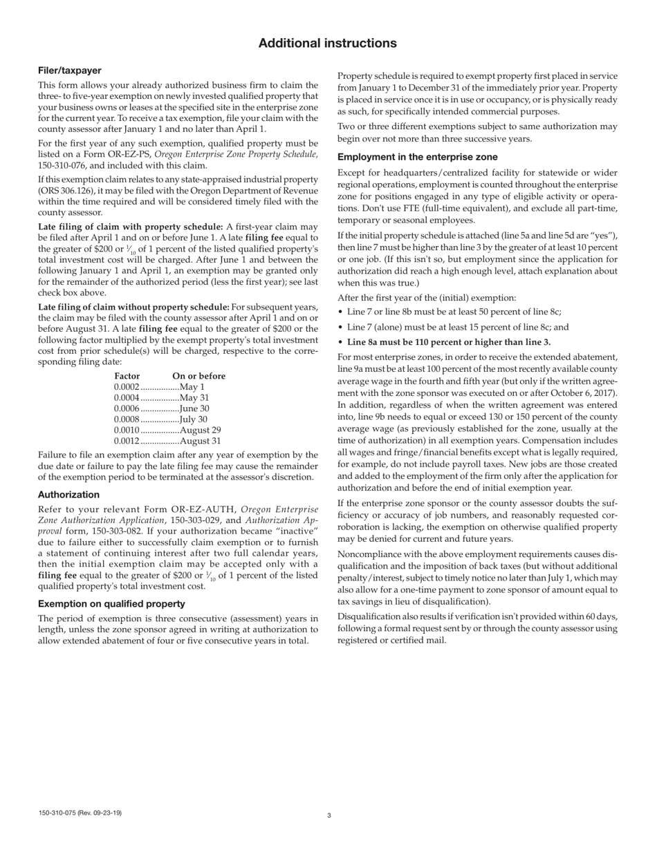 Form OR-EZ-EXCLM (150-310-075) Oregon Enterprise Zone Exemption Claim - Oregon, Page 3